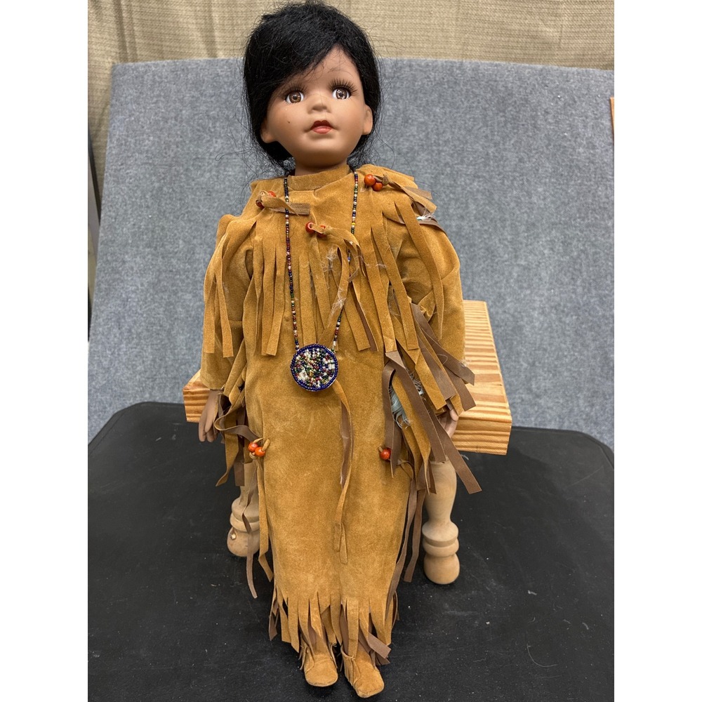 Porcelain Native American Style Collector Doll 18 Inch Fringed Faux Suede Dress